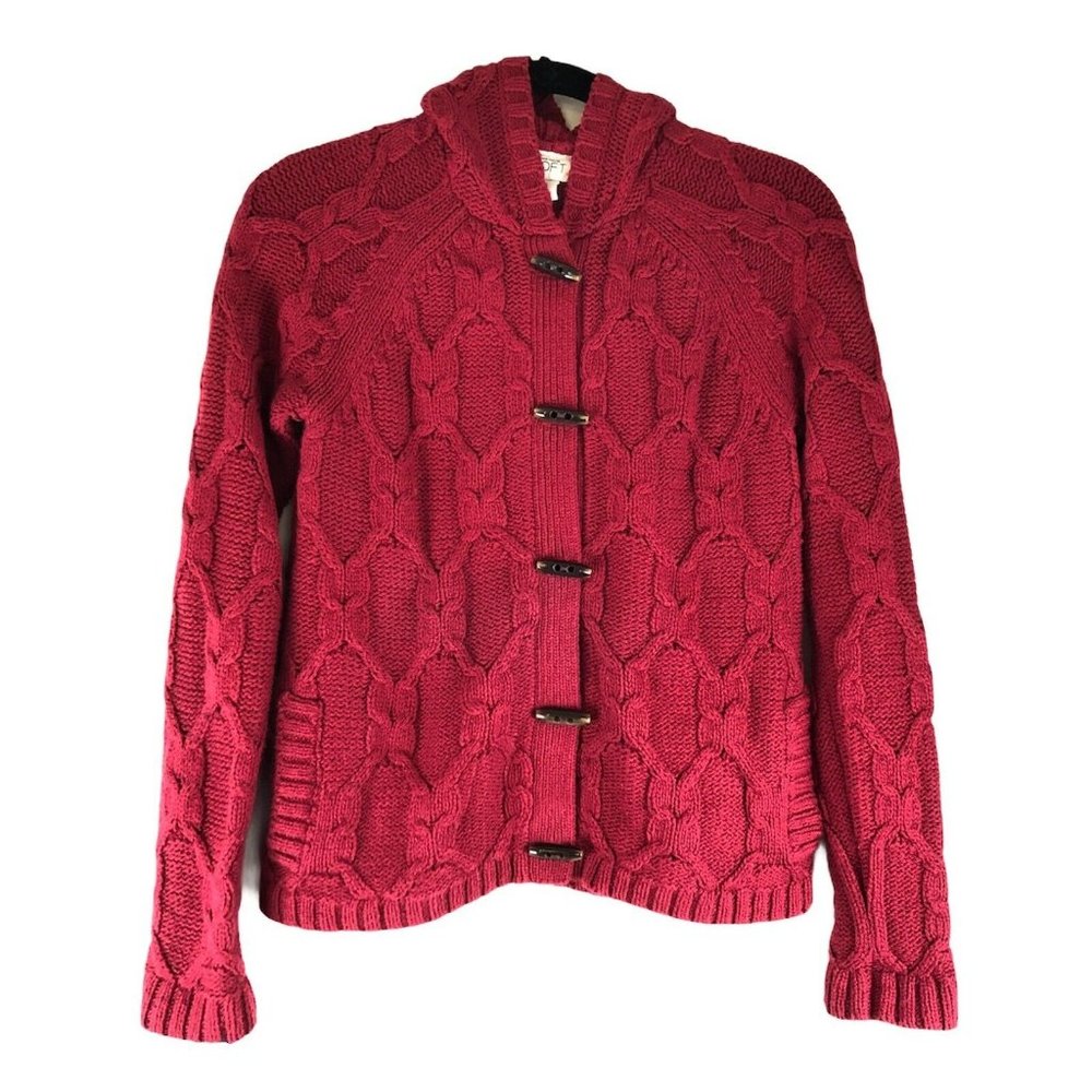 Loft Red Button Front Hooded Cable Knit Sweater